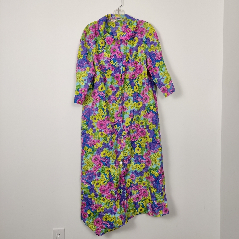 Vintage Sears Women's Floral Bright Multicolor Maxi Dress Size Large 70s 80s